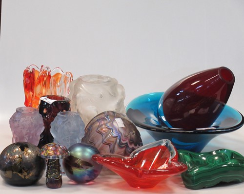Lot 88 - A K Heaton glass toadstool, two Desna moulded...