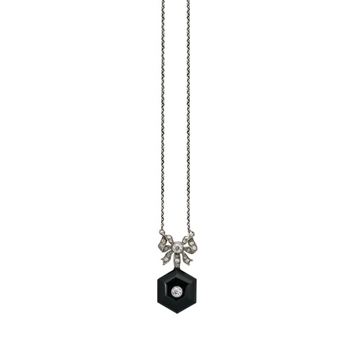 Lot 93 - An Art Deco onyx and diamond pendant and chain