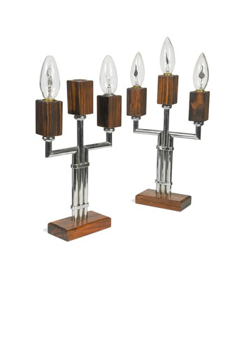 Lot 184 - A pair of 20th century chrome and calamander table lamps