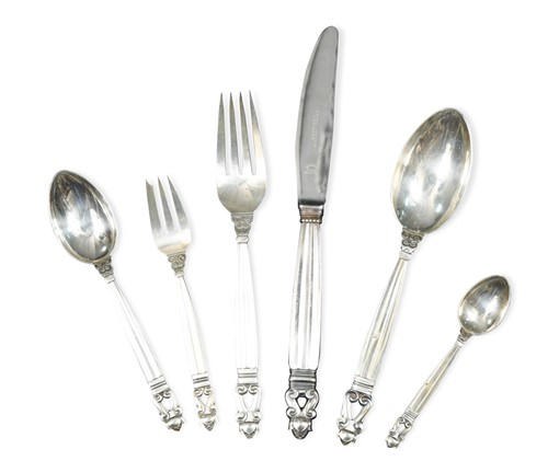 Lot 150 - Johan Rohde for Georg Jensen, a Danish metalwares twelve place setting Acron pattern flatware service