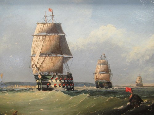 Lot 445 - 'Galleons at sea', A 19th century, oil on...