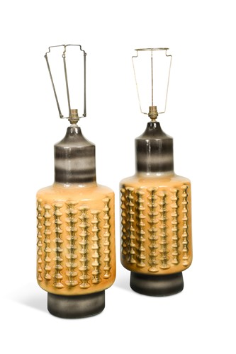 Lot 180 - A large pair of earthenware 'pineapple' table lamps, circa 1970