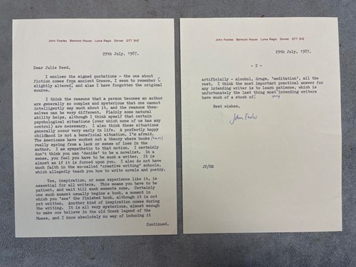 Lot 87 - FOWLES (John) Typed letter signed, 2pp., 8vo,...