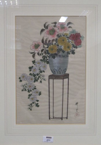Lot 277 - An Asian still life of flowers in a vase, ink...