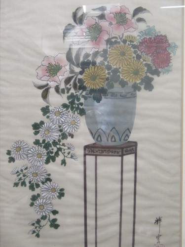 Lot 339 - An Asian still life of flowers in a vase, ink...