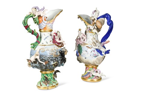 Lot 495 - A pair of large 19th century Meissen ewers, emblematic of Water and Air, after J. J. Kändler