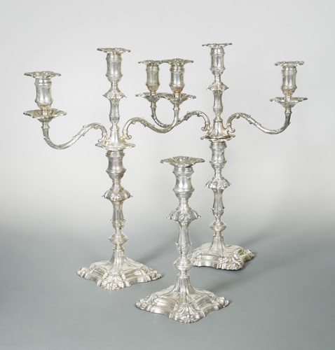 Lot 418 - A pair of Victorian silver three light metamorphic candelabra, with a matching single candlestick