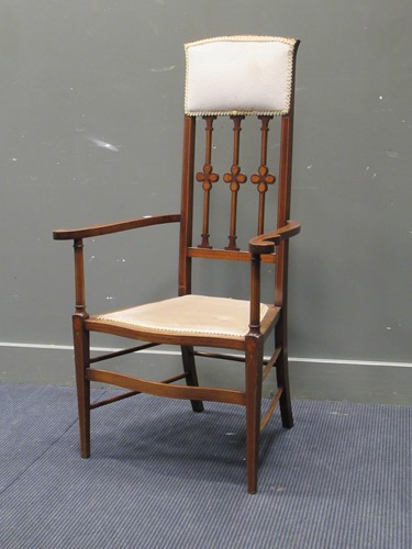 Lot 415 - An Edwardian Arts & Crafts inlaid high back...
