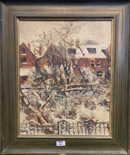 Lot 353 - Hampstead in the snow, London, oil on board,...