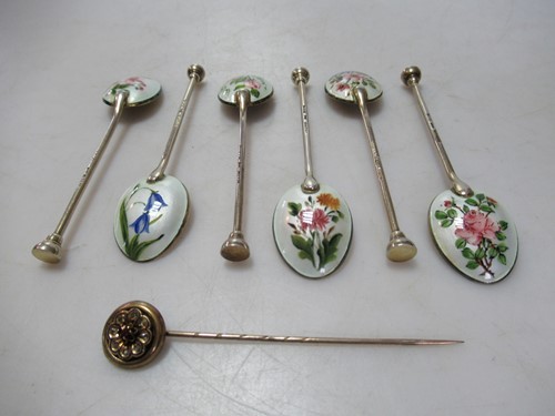 Lot 167 - A diamond, gemset and enamel stick pin, tested...