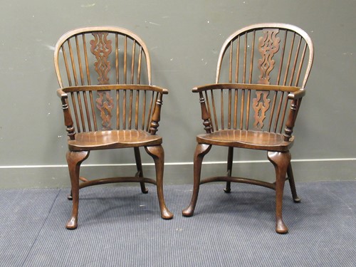 Lot 365 - A pair of Windsor type armchairs, crinoline...