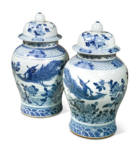 Lot 103 - A pair of large Chinese blue and white decorated vases and covers, 20th century