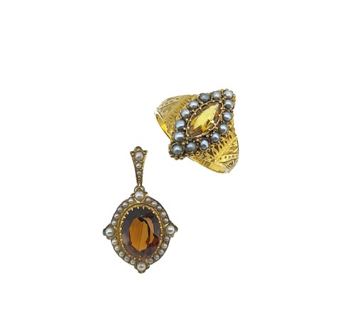 Lot 45 - A Victorian 15ct gold citrine and seed pearl ring, together with a citrine and seed pearl pendant
