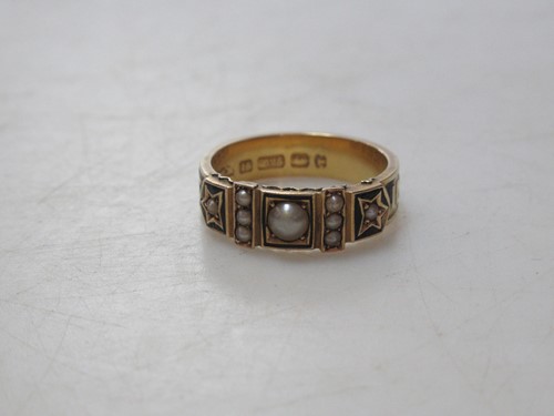 Lot 170 - A Victorian seed pearl and enamel mourning...