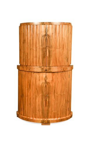 Lot 251 - Attributed to Harry & Lou Epstein, an Art Deco figured walnut demi-lune cocktail cabinet, circa 1930