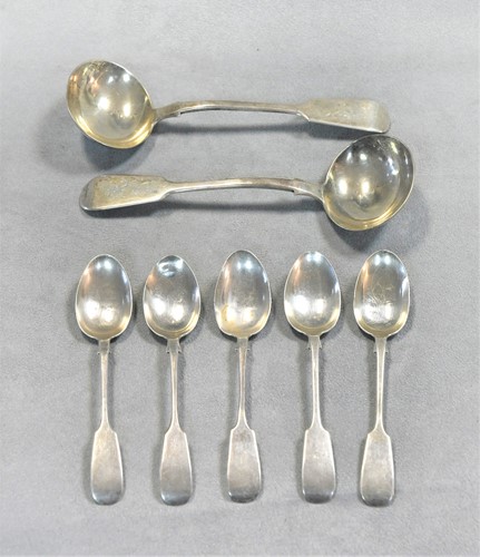 Lot 492 - Exeter - A pair of Victorian silver sauce ladles and five accompanying teaspoons