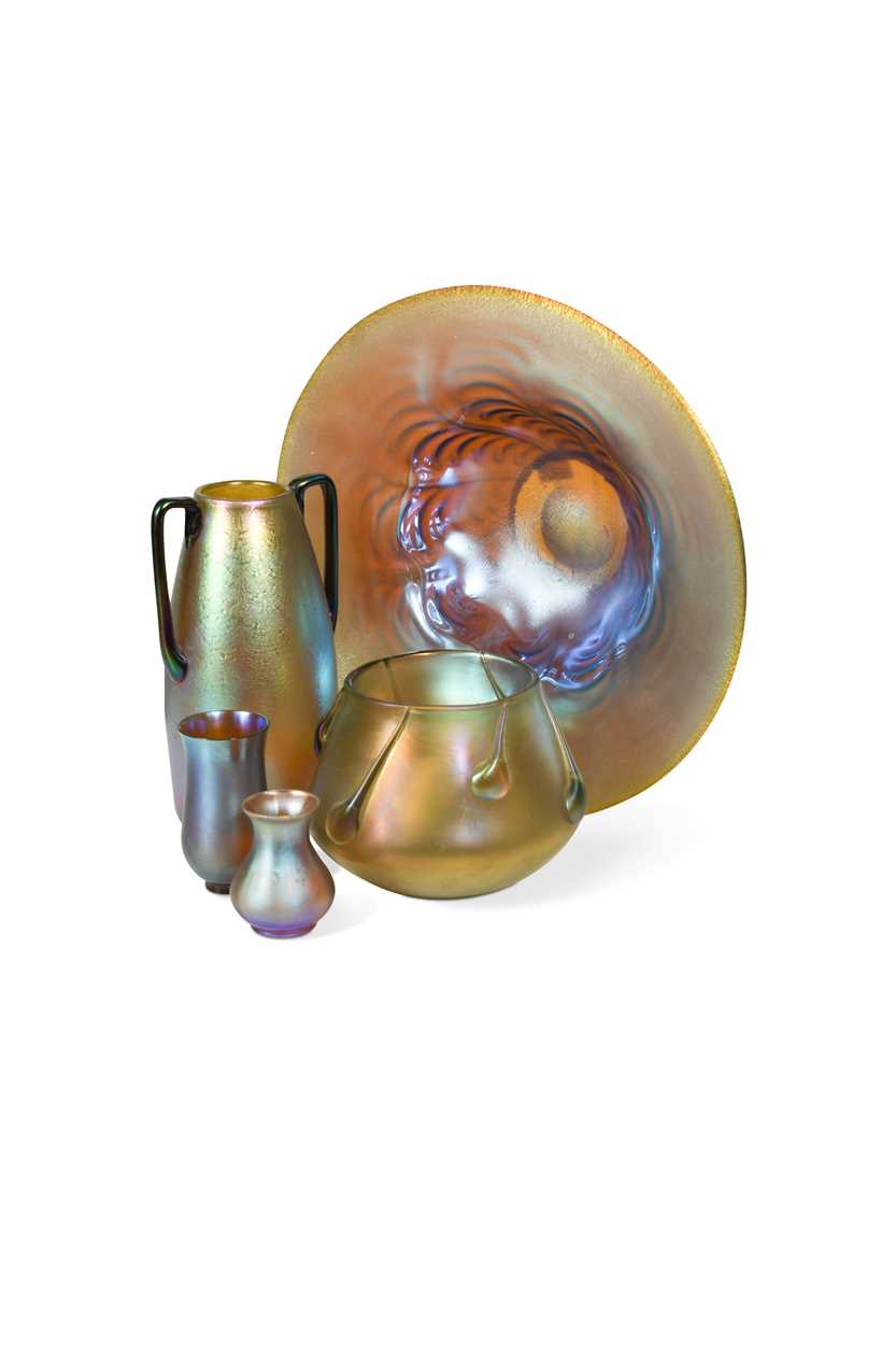 Lot 2 - Attributed to Tiffany, two miniature Favrille glass vases