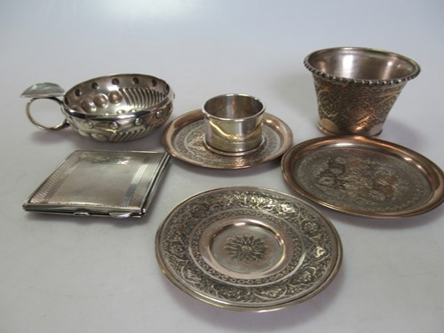 Lot 213 - A silver tastevin, napkin ring and compact,...