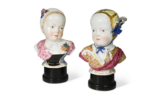 Lot 496 - A pair of large 19th century Meissen porcelain busts of the Bourbon children