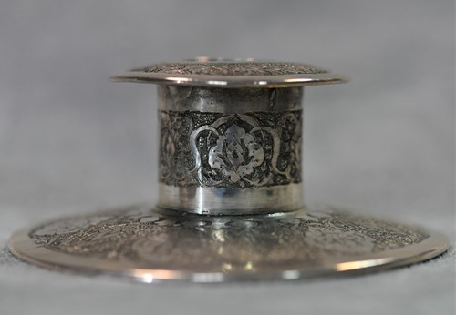Lot 356 - A 20th century Iranian metalwares vase together with a pair of dwarf candlesticks