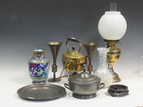 Lot 132 - A brass oil lamp with white glass shade,...