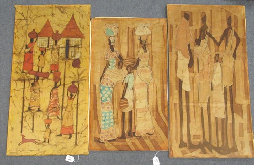 Lot 325 - A collection of three painted fabric scenes...