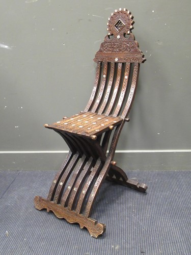 Lot 471 - A Syrian inlaid folding chair and an Edwardian...