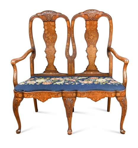 Lot 879 - A Dutch walnut marquetry chair back settee, late 19th century