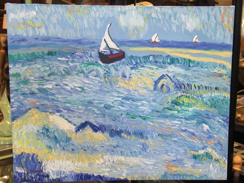 Lot 432 - Iulian Atomei, Boats in a storm at sea, signed...