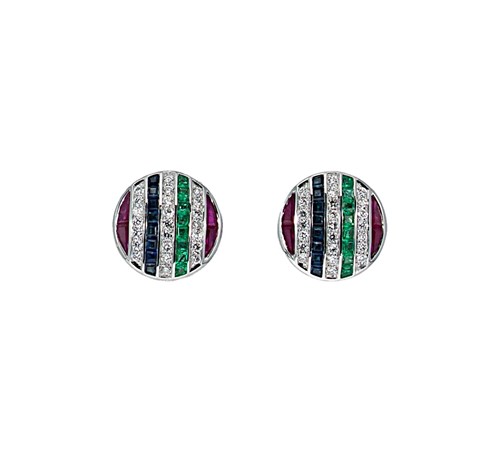 Lot 175 - A pair of circular multi-gem ear studs