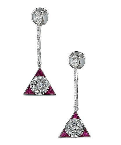 Lot 184 - A pair of ruby and diamond Art Deco style triangular drop ear pendants