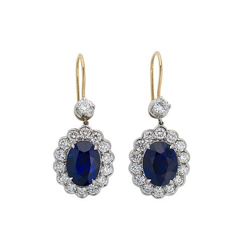 Lot 197 - A pair of sapphire and diamond cluster ear pendants