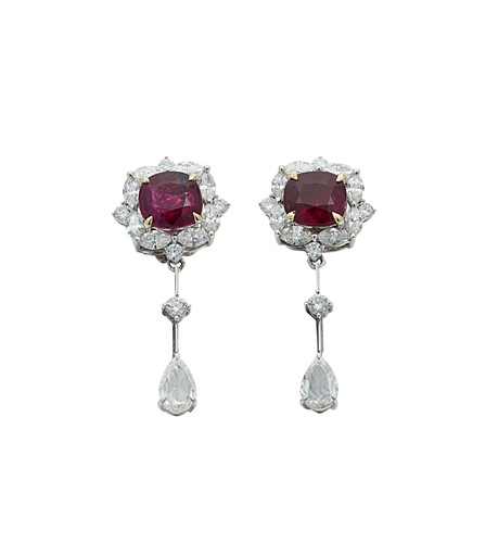 Lot 193 - A pair of ruby and diamond cluster ear pendants