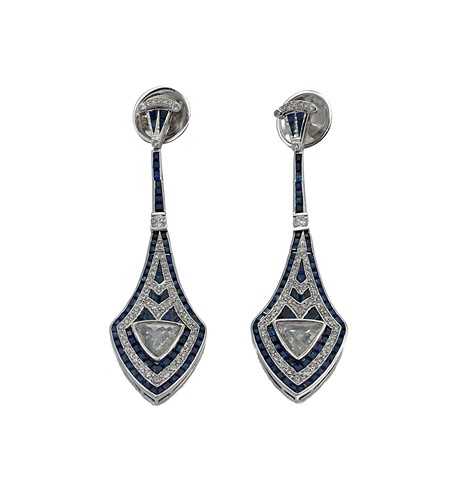 Lot 196 - A pair of sapphire and diamond Art Deco style ear pendants