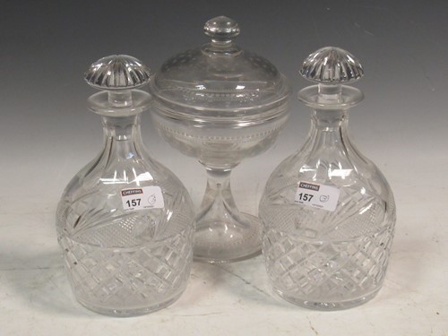 Lot 157 - Two glass decanters and pedestal bowl and cover