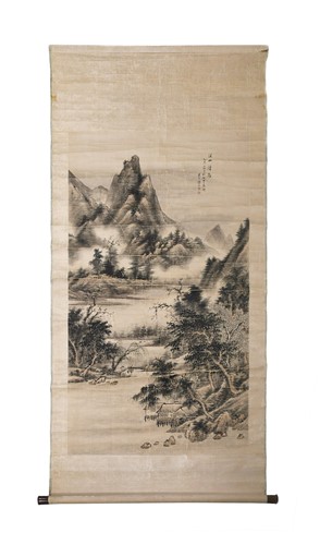 Lot 131 - A Chinese landscape scroll painting, late Qing Dynasty