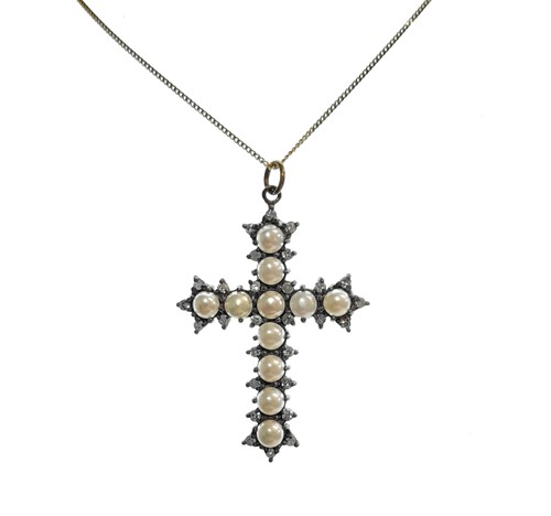 Lot 123 - A pearl and diamond cross pendant and chain