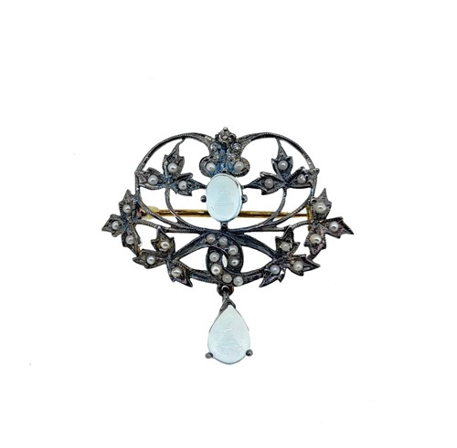 Lot 38 - An Edwardian style seed pearl and topaz brooch
