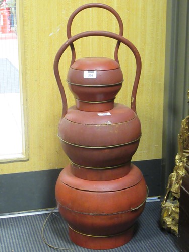 Lot 208 - Three decorative Chinese red lacquered wood food carriers, Republic Period