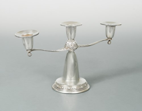 Lot 507 - Dublin - A 20th century silver three light candelabra, together with a double ended spirit measure