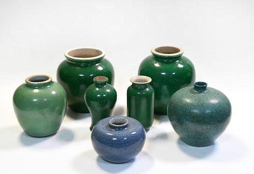 Lot 39 - A group of five Chinese green crackle glazed vases, late Qing Dynasty