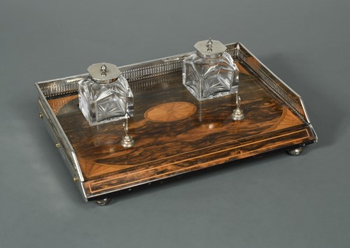 Lot 411 - A Victorian silver and wooden desk inkstand