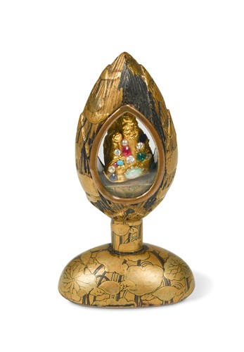 Lot 80 - A Japanese gold mounted figure of Fukurokuju within a lacquered shrine, Late Meiji Period (1868-1912)