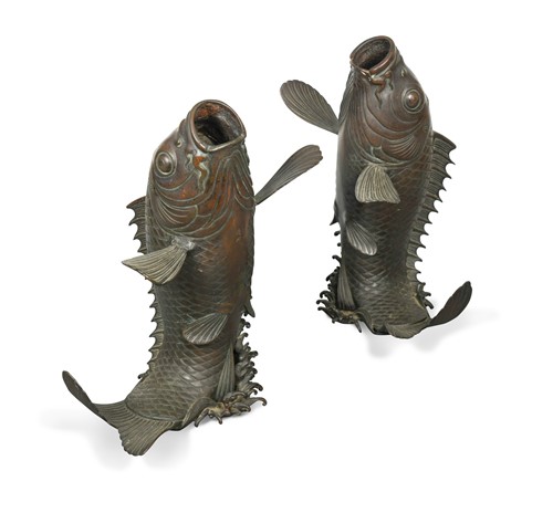 Lot 84 - A pair of Japanese bronze leaping carp, Meiji Period (1868-1912)