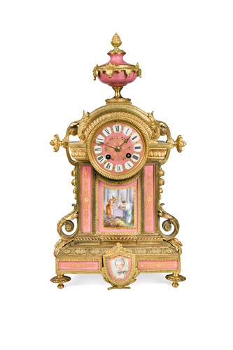 Lot 883 - A French ormolu and Rose Pompadour porcelain mantel clock, 19th century