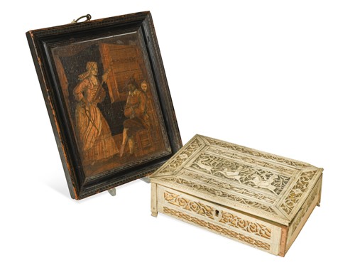Lot 776 - A Prisoner of War bone mounted and straw-work decorative casket, 19th century