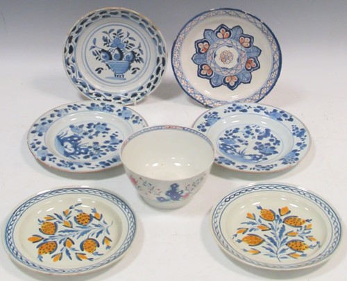 Lot 70 - Three Delft blue and white plates, a Delft...