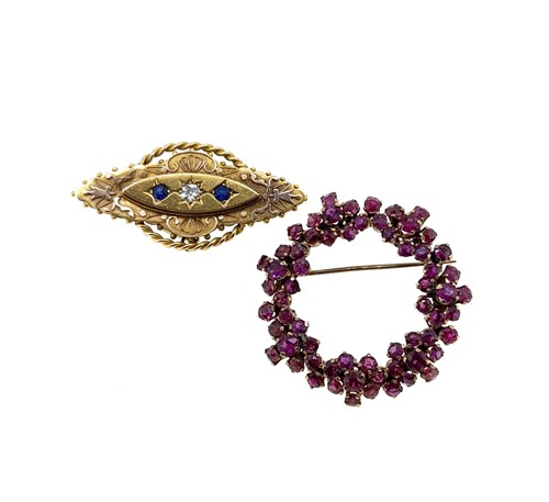 Lot 31 - A sapphire and diamond brooch, together with a ruby brooch