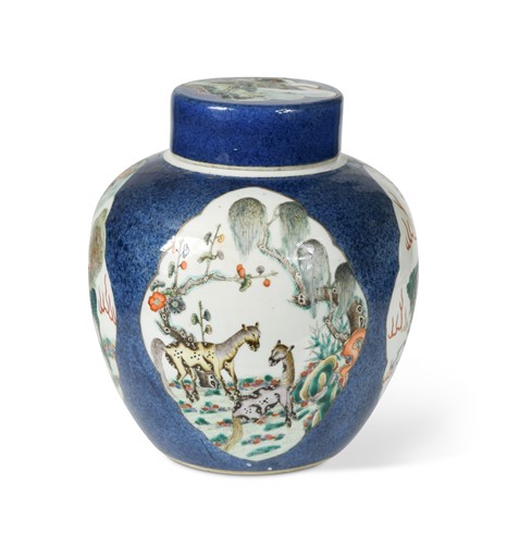 Lot 118 - A Chinese powder blue ground porcelain ginger jar and cover, Qing Dynasty, 19th century