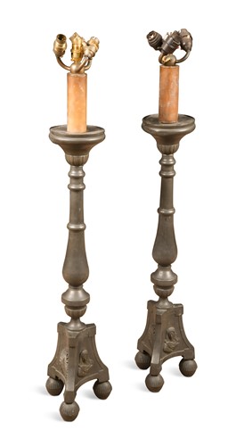 Lot 703 - A pair of North European pewter altar candle stick lamps, 20th century